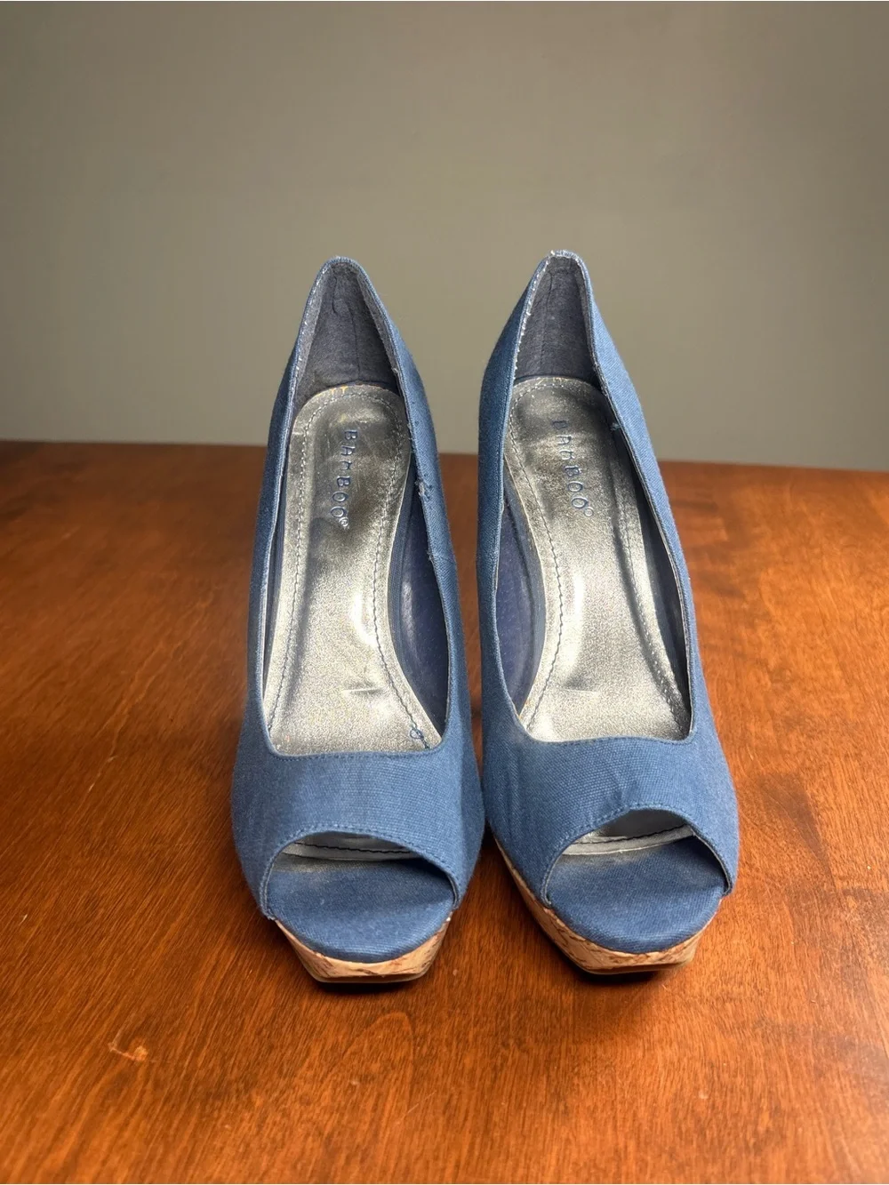 BAMBOO Blue Canvas Cork Platform Peep-Toe Wedges